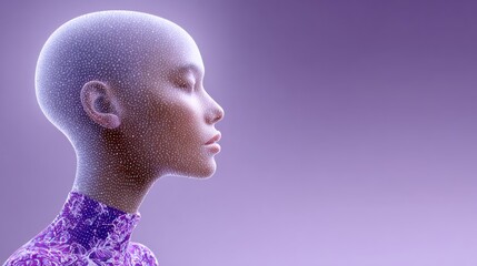 Obraz premium Woman's face is shown in a computer generated image. The image is purple and the woman's face is made up of small dots. Concept of artificiality and technology