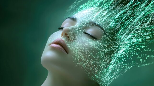 Serene woman with digital matrix overlay, eyes closed in peaceful contemplation