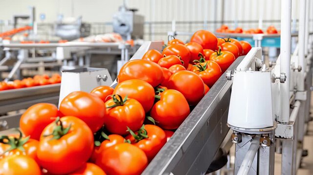 Fresh red tomatoes rolling along a conveyor belt in a modern processing facility, showcasing the efficient movement and sorting of produce in a vibrant agricultural environment