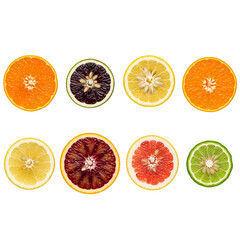 Assortment of vibrant dried citrus slices on white background