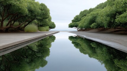 Peaceful, reflective water feature flanked by lush greenery, leading to a distant shore