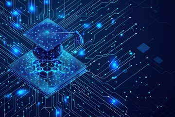 Blue vector illustration of a central AI chip with a graduation hat, vibrant low-poly wireframe design. Modern and perfect for web templates, set on a glowing circuit board.