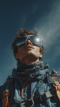 A handsome toursit man wearing sunglasses in parashoot costume looking up to the blue sky.