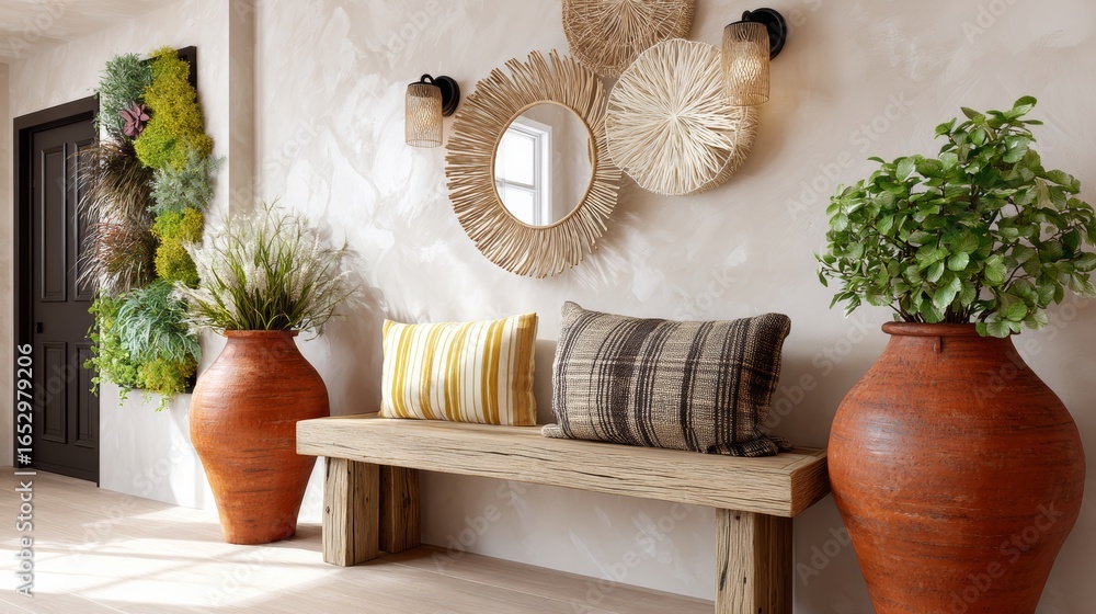 Poster wooden bench with two orange vases on either side of it. the bench is empty and the vases are filled