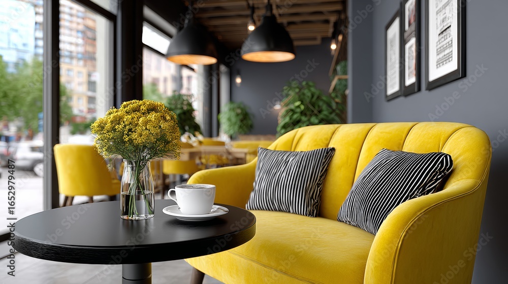 Poster yellow couch is in a cafe with a table in front of it. the table has a cup and a vase with flowers o