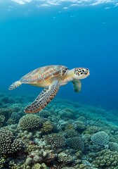 Obraz premium Green Sea Turtle Swimming in Coral Reef.