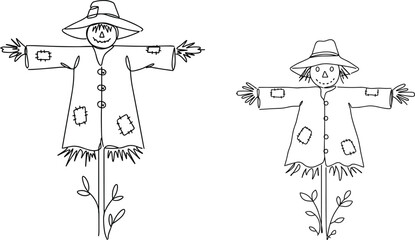 Vector illustration of scarecrows in garden, hand-drawn farm decoration outline, harvest season design, autumn field scarecrow sketch art
