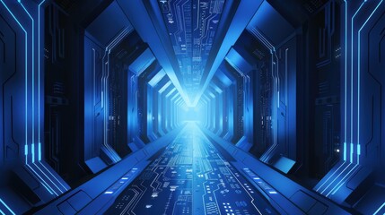 Blue circuit board background vector illustration. A futuristic digital tech corridor with glowing patterns, perfect abstract wallpaper for banners.