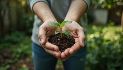 Hands gently hold small green plant seedling in soil, growth, nature care, future potential. Image represents environmental responsibility, new beginnings, hope for brighter tomorrow.