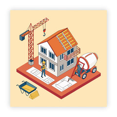 Isolated construction site with workers cartoon drawing, building house, art, construction house, construction site,