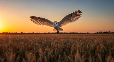 Naklejka premium Barn owl in flight over a golden wheat field at sunset.