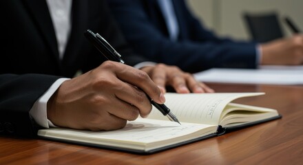 Person writing in a notebook with a pen on a wooden table.
