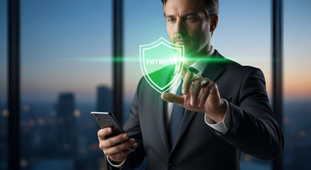 Businessman Holding Phone with Holographic Shield Labeled Payment Indicating Secure Mobile Payments, Fraud Protection and Fintech Security