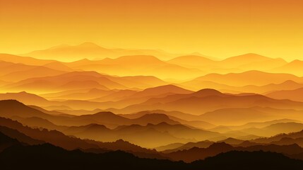 Fototapeta premium A vista of layered mountains bathed in warm, golden sunlight, showcasing a serene and breathtaking landscape.