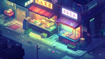 Bird's-eye view of a flat-design market street. Playful neon light illuminates colorful pastel-toned stalls harmoniously blending, captured dynamically by a wide-angle lens.