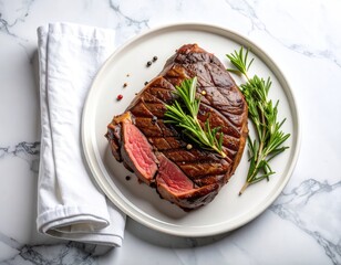 Delicious Grilled Steak with Rosemary Garnish on White Plate Marble Background