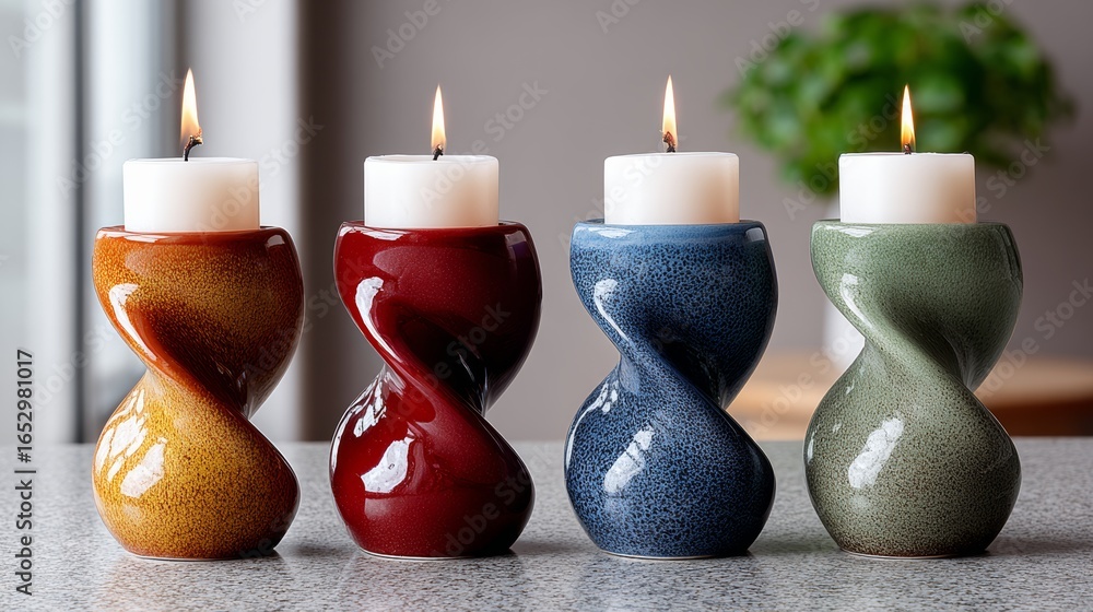 Aufkleber four candles in different colors are lit and placed on a table. the candles are arranged in a row, w