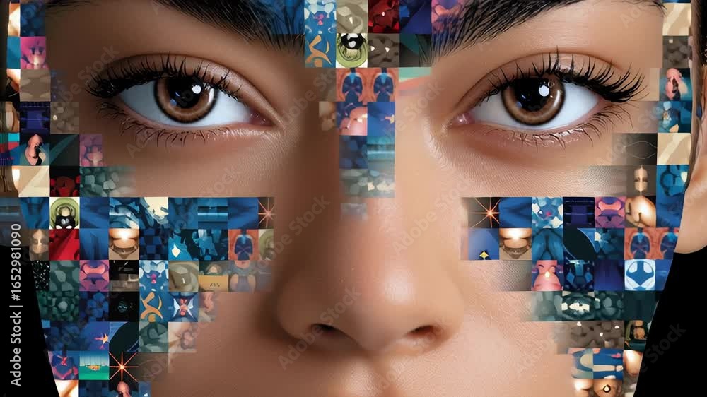 Aufkleber close-up digital artwork portrays woman's face enhanced with colorful mosaic patterns. bold expressi