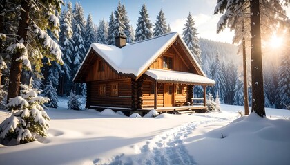 Cozy log cabin in snowy forest
