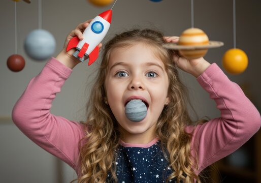 A young girl holding a toy rocket and a planet, with a surprised expression, playing with spacethemed toys - Powered by Adobe