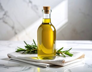 Premium Olive Oil Bottle with Fresh Rosemary Sprig on Marble Surface