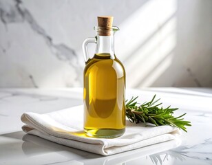 Premium Olive Oil in Glass Bottle with Fresh Rosemary Sprig on Marble