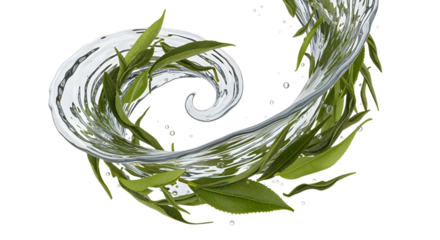Dry green tea leaves swirling elegantly in a vortex of hot, clear water. The scene conveys a sense of calm and natural infusion. High-speed, photorealistic , isolated on a transparent background.