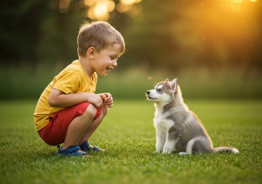 Young boy in yellow shirt crouching down to play with a husky puppy outdoors