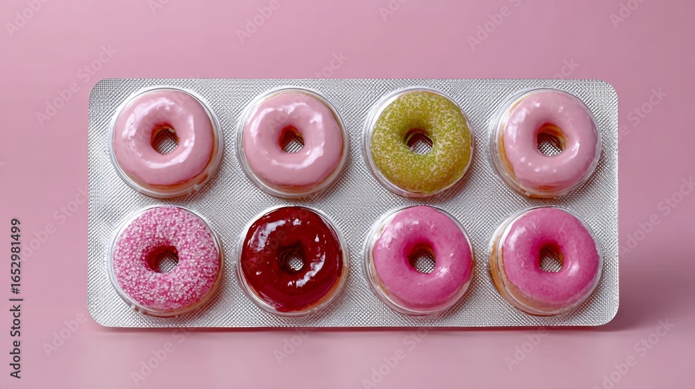 Poster tray of donuts is displayed on a pink background. the donuts are arranged in a grid, with each one h