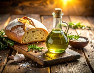 Rustic Still Life Artisan Bread Olive Oil Rosemary and Garlic on Wooden Table