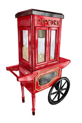 popcorn shop, booth, vintage red wood trolley red car, cercus, for carnival, event, show, fun, movie, watercolor hand drawn on transparent background.