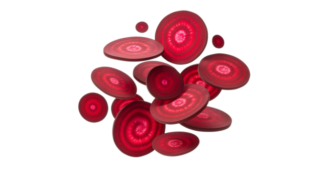 Thin, circular slices of deep red beetroot, levitating in an overlapping, artistic pattern. The vibrant, earthy color is prominent. Photorealistic  with clean lighting on a transparent background.