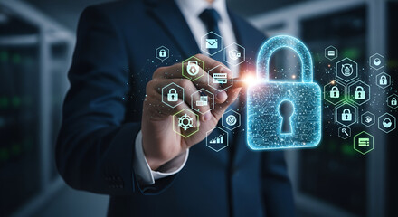 Cybersecurity Protection with Digital Padlock Hologram and Businessman Touching Network
