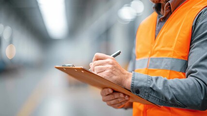 Industrial Facility Management with Professional Man in Safety Vest Holding Clipboard