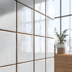 Close-up of white glossy square tiles with textured surface and light brown grout in a bright modern setting.