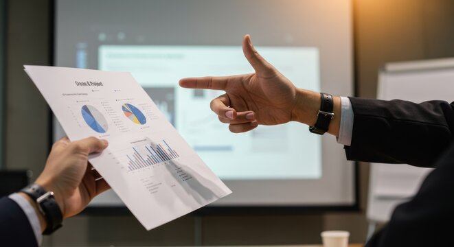 Person holding a chart pointing at a projection screen in a meeting.