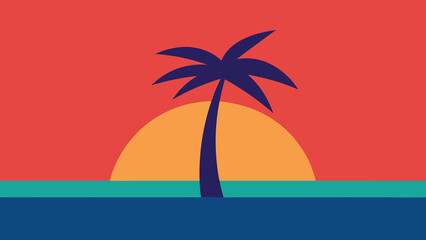 Single Palm Tree Silhouette Against a Sunset Over Water ocean transparency background