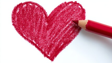 Red crayon is on a white background with a heart drawn in red. The heart is drawn with a lot of detail, and the crayon is almost completely used up. Concept of love and affection