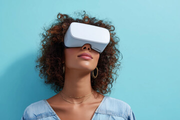 A woman wearing a white virtual reality headset