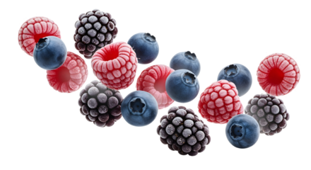 A mix of frozen raspberries, blueberries, and blackberries, levitating together. They are covered in a light frost, conveying coldness. High-detail  on a transparent background.