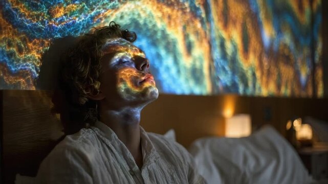 Woman face illuminated by colorful light projection
