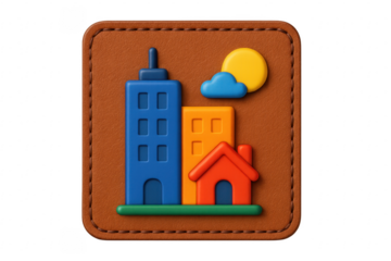 3d city icon depicting buildings, house, sun and cloud on leather background with transparent background