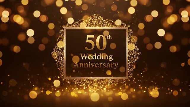 Elegant Golden 50th Wedding Anniversary Celebration with Bokeh Lights and Sparkling Particles