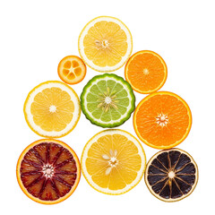Obraz premium Assortment of brightly colored citrus fruit slices arranged in a triangle