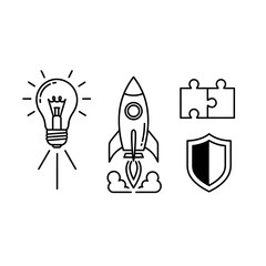 Line art icons: lightbulb, rocket, puzzle pieces, and shield.