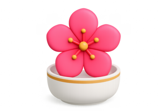 3d rendering of pink flower in white bowl with transparent background