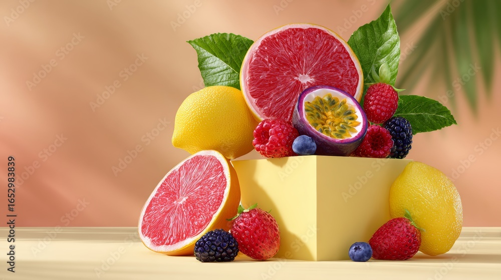 Poster fruit display with a yellow box in the middle. the fruits include a lemon, a grapefruit, a raspberry