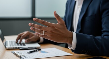 Person in suit gestures while using laptop at desk with paperwork.