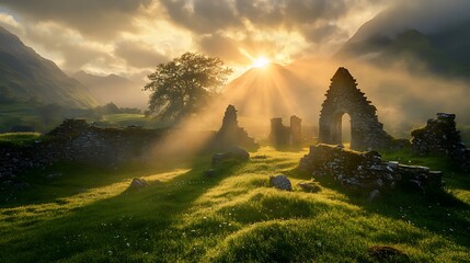 A mystical dawn where sunlight pierces the broken stones of forgotten ruins, bathing the ancient site in glowing light.