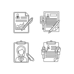 Resume and job application documents with pen, clipboard, and profile icons.